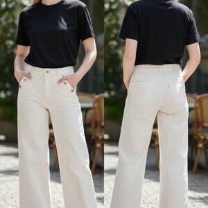 Spanx White Twill Crop Wide-Leg Cotton Blend High-Waist Pants M/M